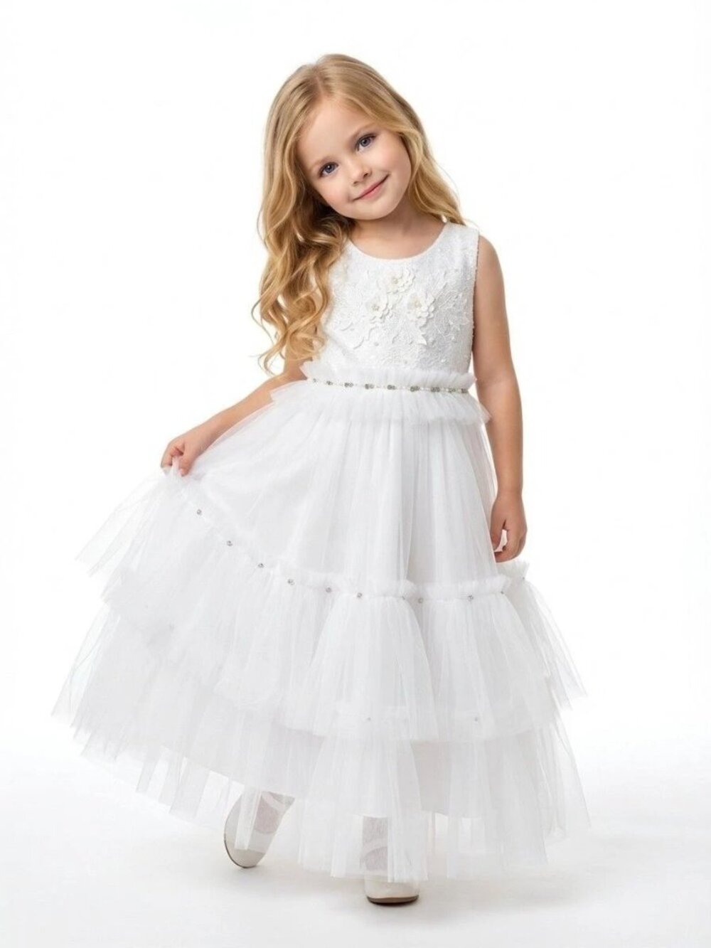 White Lace Flower Girl Dress Layered Tulle Party Gown Wedding Dress (Size 5) - Picture 2 of 3